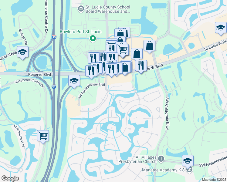 map of restaurants, bars, coffee shops, grocery stores, and more near 120 Southwest Peacock Boulevard in Port St. Lucie