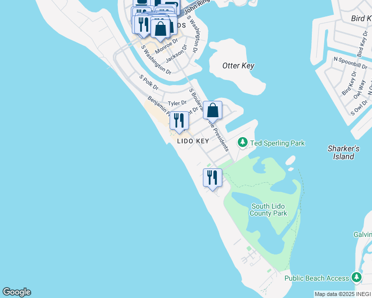 map of restaurants, bars, coffee shops, grocery stores, and more near 800 Benjamin Franklin Drive in Sarasota