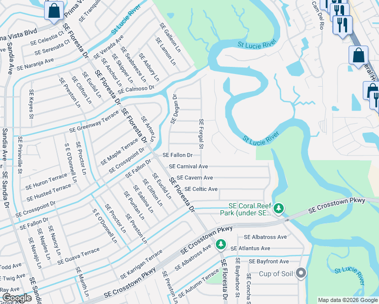 map of restaurants, bars, coffee shops, grocery stores, and more near 777 Southeast Fallon Drive in Port St. Lucie