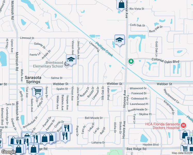 map of restaurants, bars, coffee shops, grocery stores, and more near 2646 Linwood Drive in Sarasota