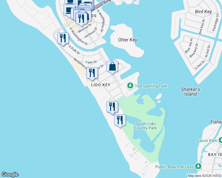 map of restaurants, bars, coffee shops, grocery stores, and more near 1001 Benjamin Franklin Drive in Sarasota