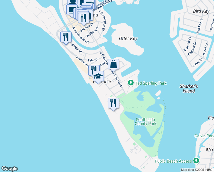 map of restaurants, bars, coffee shops, grocery stores, and more near 930 Benjamin Franklin Drive in Sarasota