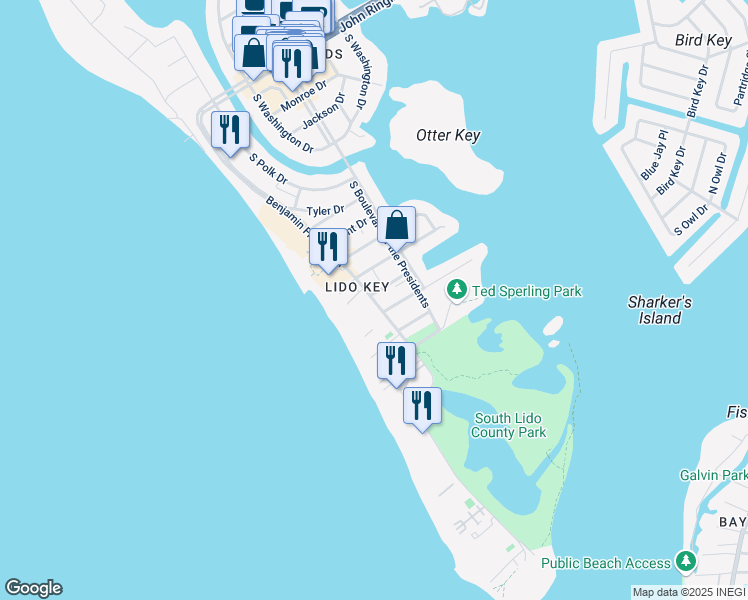 map of restaurants, bars, coffee shops, grocery stores, and more near 930 Benjamin Franklin Drive in Sarasota