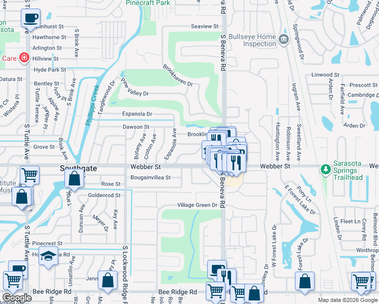 map of restaurants, bars, coffee shops, grocery stores, and more near 2639 Leafy Lane in Sarasota