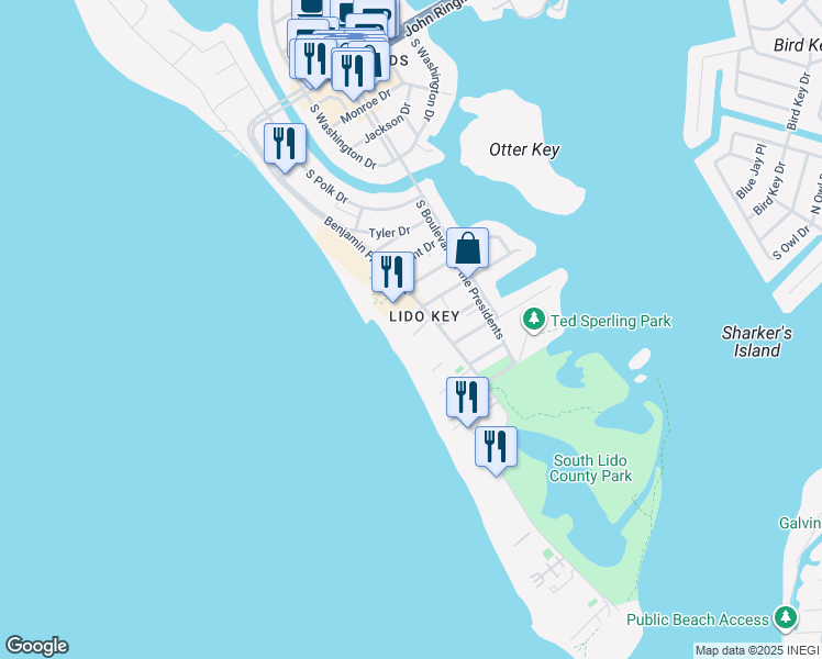map of restaurants, bars, coffee shops, grocery stores, and more near 800 Benjamin Franklin Drive in Sarasota