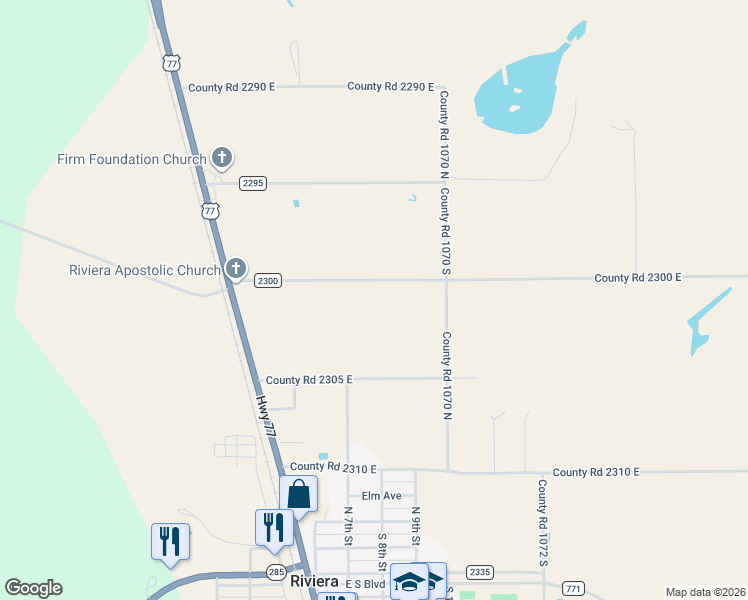 map of restaurants, bars, coffee shops, grocery stores, and more near 335 County Road 2300 East in Riviera