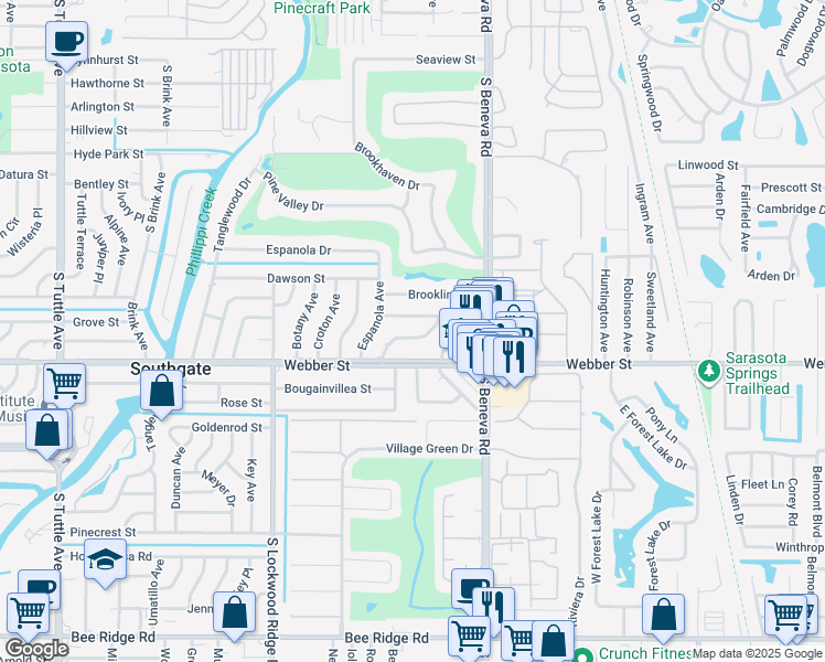 map of restaurants, bars, coffee shops, grocery stores, and more near 2639 Leafy Lane in Sarasota