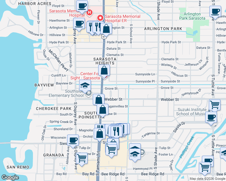 map of restaurants, bars, coffee shops, grocery stores, and more near 2733 Central Park Drive in Sarasota