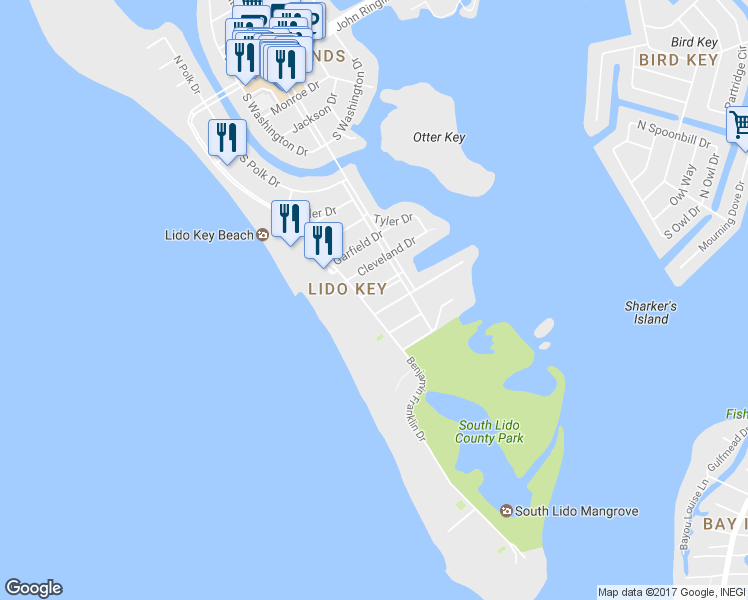 map of restaurants, bars, coffee shops, grocery stores, and more near 930 Benjamin Franklin Drive in Sarasota