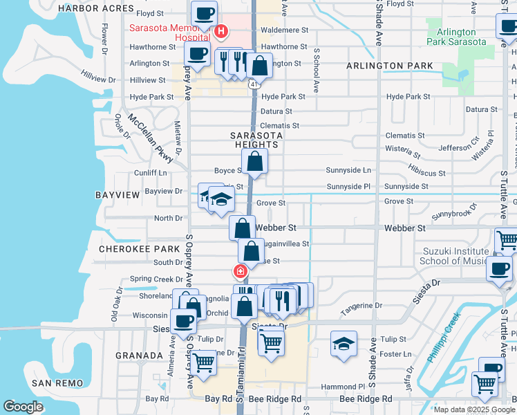 map of restaurants, bars, coffee shops, grocery stores, and more near in Sarasota
