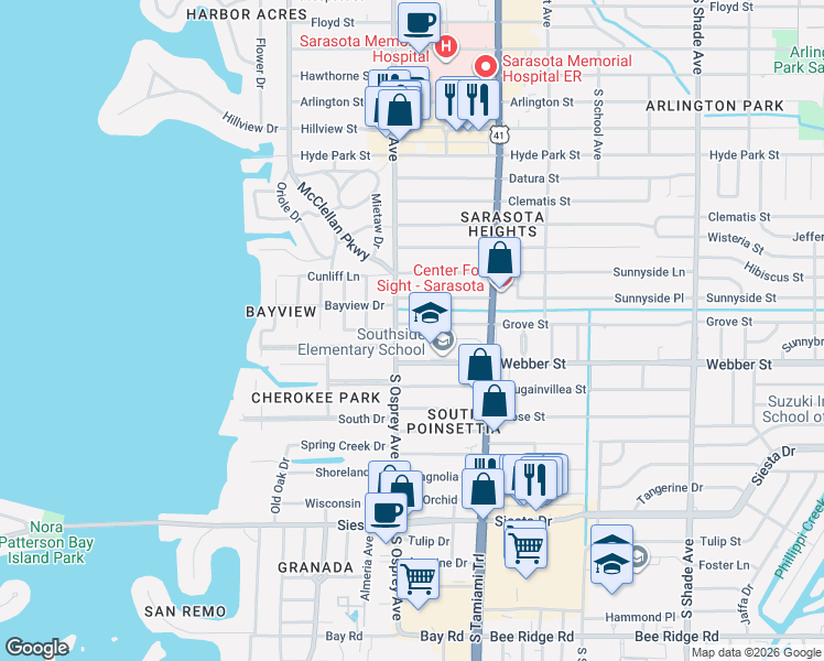 map of restaurants, bars, coffee shops, grocery stores, and more near 1901 Webber Street in Sarasota