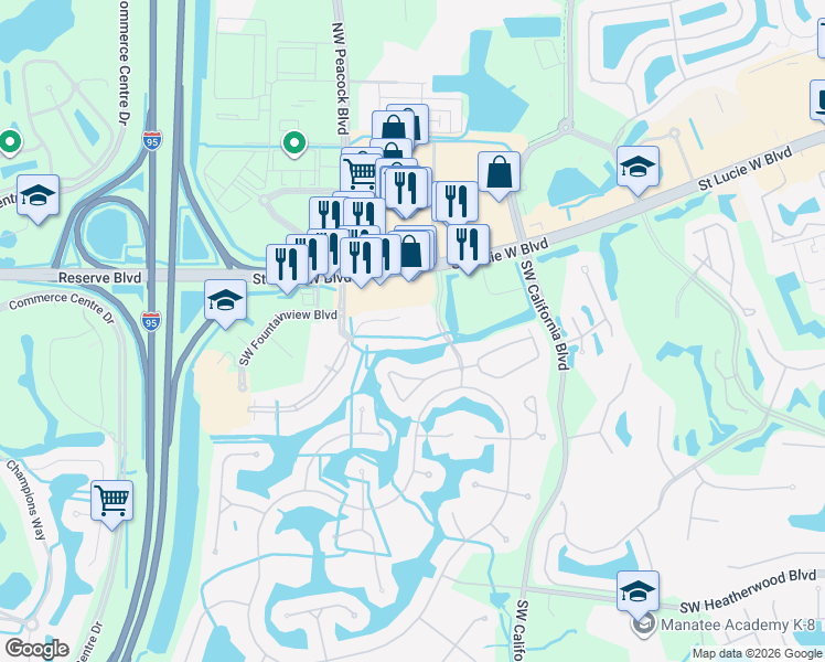 map of restaurants, bars, coffee shops, grocery stores, and more near 431 Southwest Horseshoe Bay in Port St. Lucie