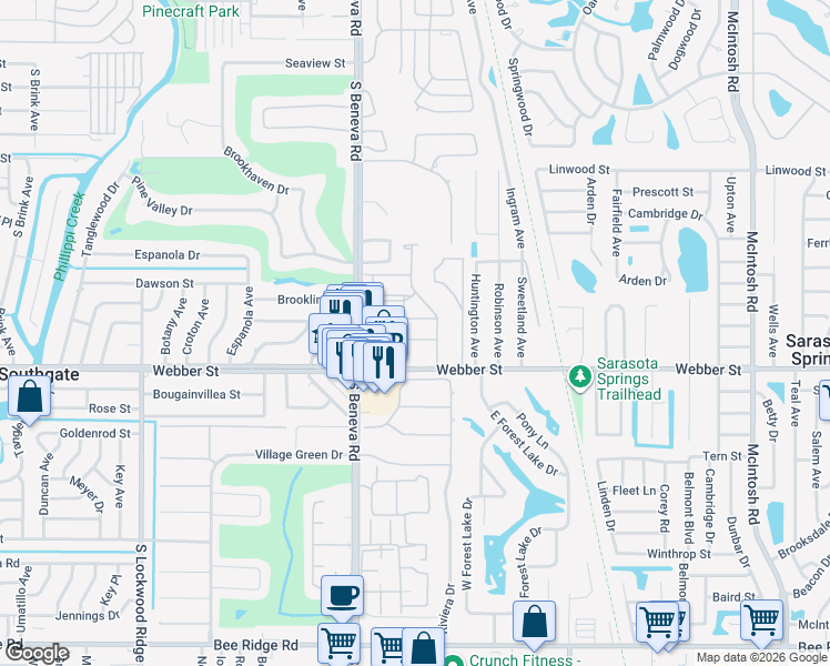 map of restaurants, bars, coffee shops, grocery stores, and more near 3657 Fescue Lane in Sarasota