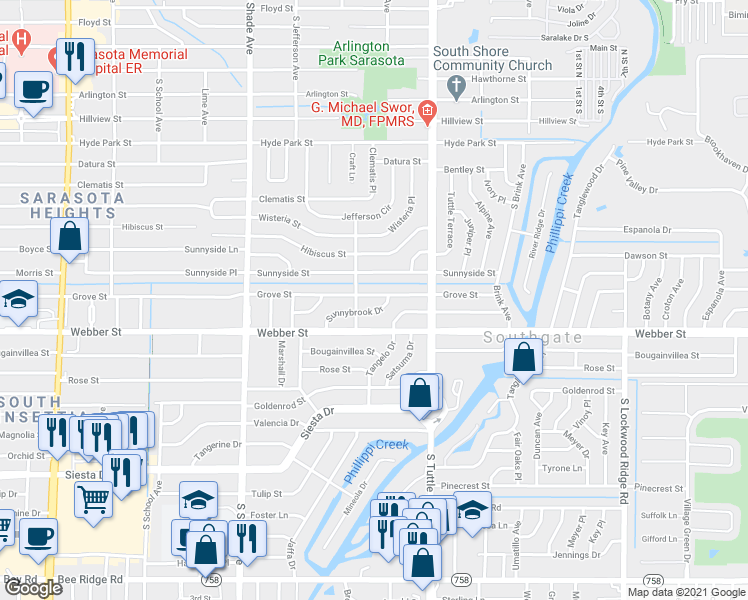 map of restaurants, bars, coffee shops, grocery stores, and more near 2620 Sunnybrook Drive in Sarasota
