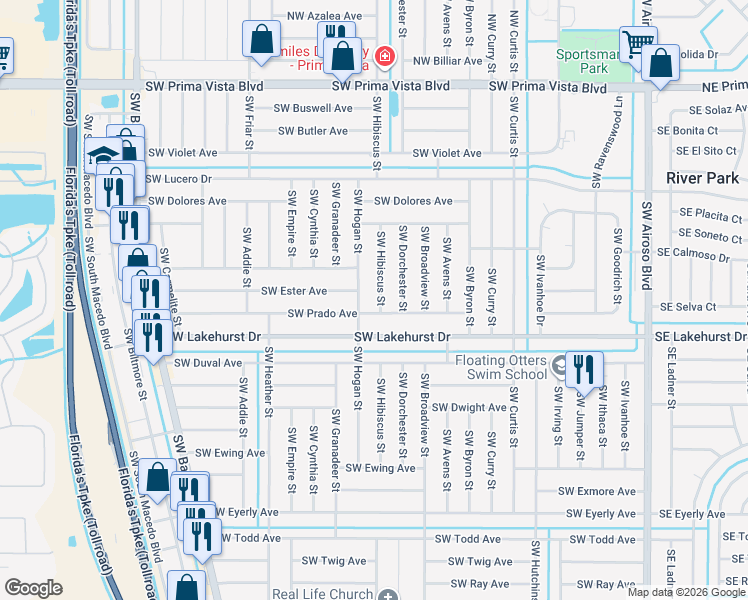 map of restaurants, bars, coffee shops, grocery stores, and more near 456 Southwest Prado Avenue in Port St. Lucie