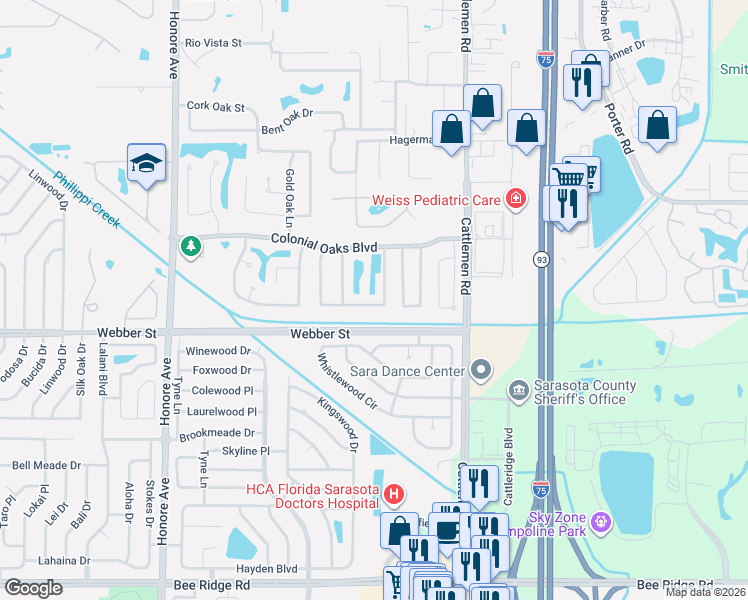 map of restaurants, bars, coffee shops, grocery stores, and more near 2475 East Scarlet Oak Court in Sarasota
