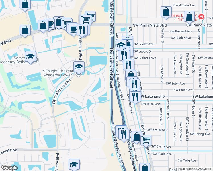 map of restaurants, bars, coffee shops, grocery stores, and more near 519 Southwest Lake Manatee Way in Port St. Lucie