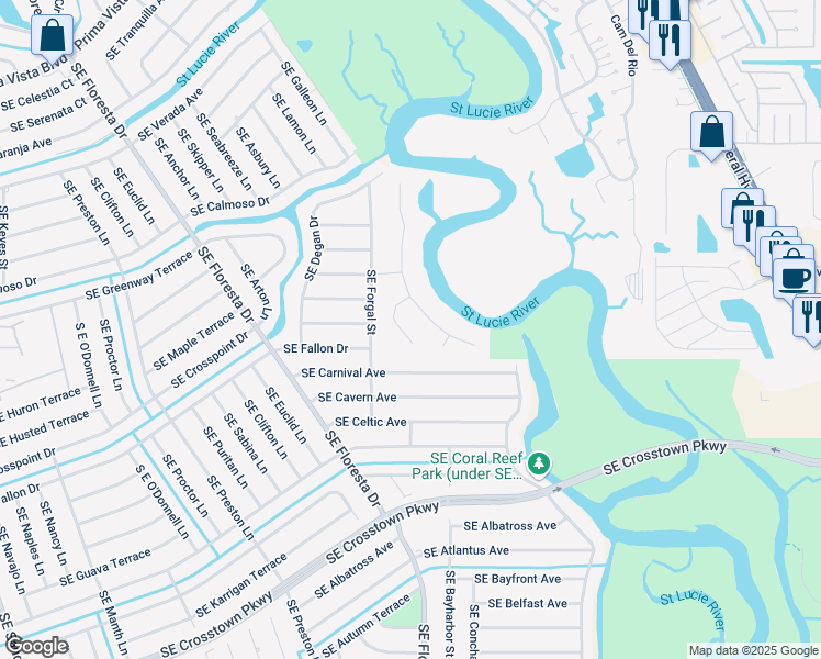 map of restaurants, bars, coffee shops, grocery stores, and more near 781 Southeast River Court in Port Saint Lucie