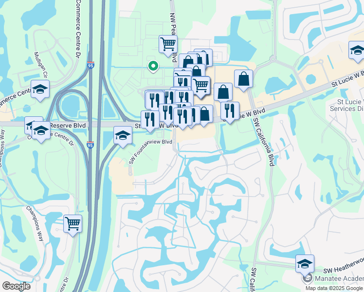 map of restaurants, bars, coffee shops, grocery stores, and more near 120 Southwest Peacock Boulevard in Port St. Lucie