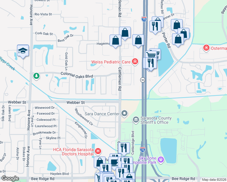 map of restaurants, bars, coffee shops, grocery stores, and more near 2600 Briar Oak Circle in Sarasota