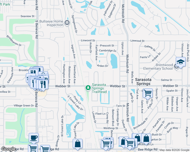 map of restaurants, bars, coffee shops, grocery stores, and more near 2609 Pursell Circle in Sarasota