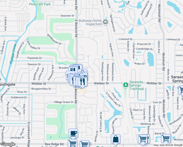 map of restaurants, bars, coffee shops, grocery stores, and more near 2401 South Beneva Road in Sarasota
