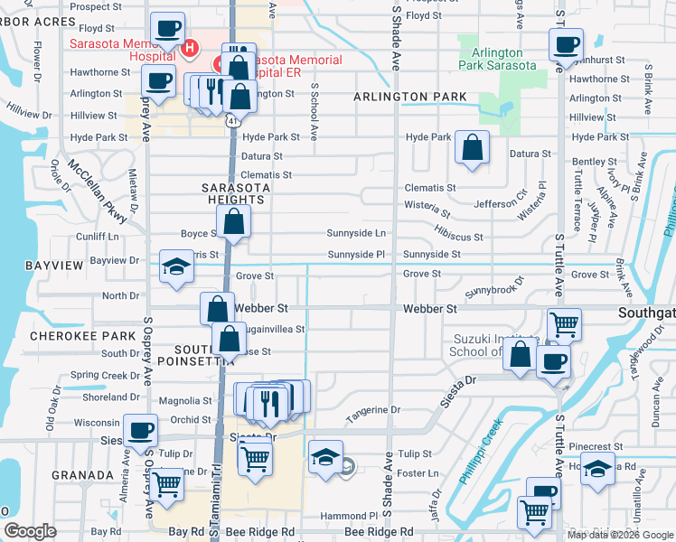 map of restaurants, bars, coffee shops, grocery stores, and more near 2237 Grove Street in Sarasota