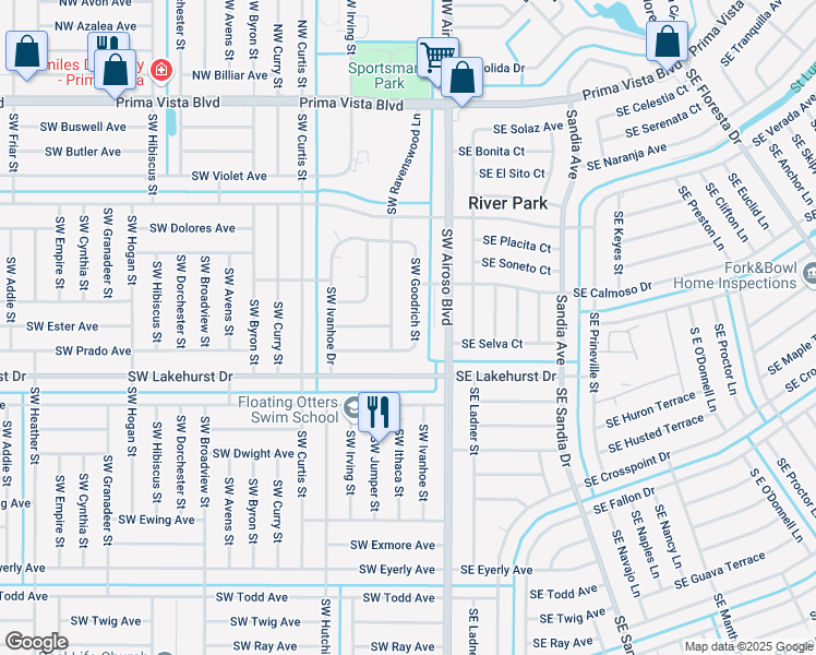 map of restaurants, bars, coffee shops, grocery stores, and more near 837 Southwest Goodrich Street in Port St. Lucie