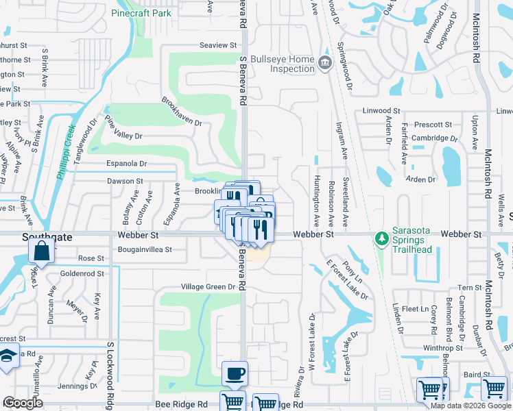 map of restaurants, bars, coffee shops, grocery stores, and more near 3609 Tin Cup Boulevard in Sarasota