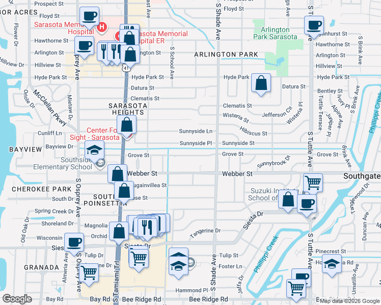 map of restaurants, bars, coffee shops, grocery stores, and more near 2304 Sunnyside Place in Sarasota