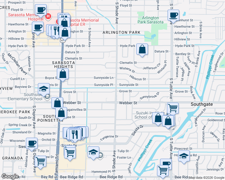 map of restaurants, bars, coffee shops, grocery stores, and more near 2342 Sunnyside Place in Sarasota