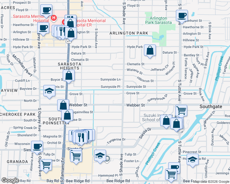 map of restaurants, bars, coffee shops, grocery stores, and more near 2342 Sunnyside Place in Sarasota