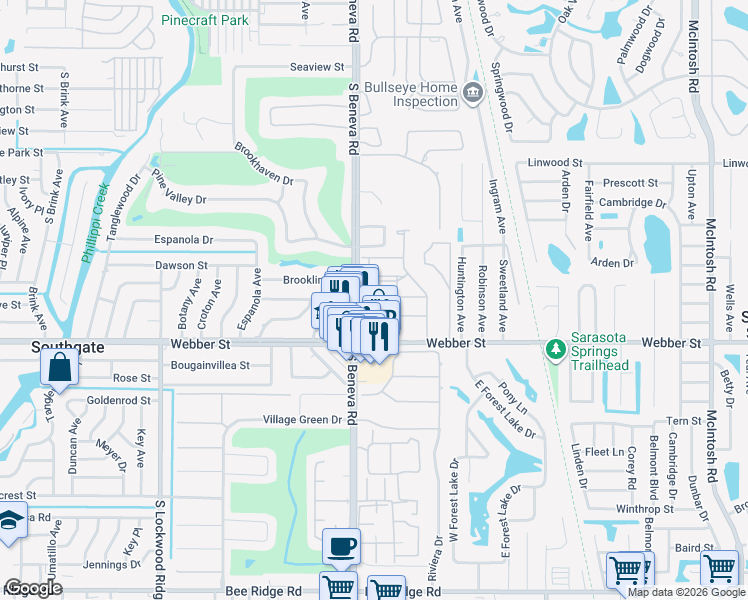 map of restaurants, bars, coffee shops, grocery stores, and more near 3609 Tin Cup Boulevard in Sarasota