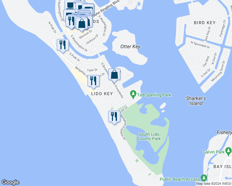 map of restaurants, bars, coffee shops, grocery stores, and more near 4 South Boulevard of the Presidents in Sarasota