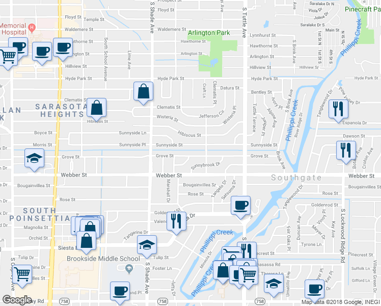 map of restaurants, bars, coffee shops, grocery stores, and more near 2537 Grove Street in Sarasota