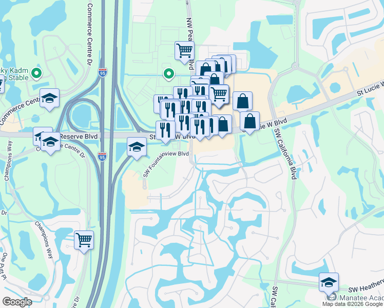 map of restaurants, bars, coffee shops, grocery stores, and more near 1790 Saint Lucie West Boulevard in Port St. Lucie