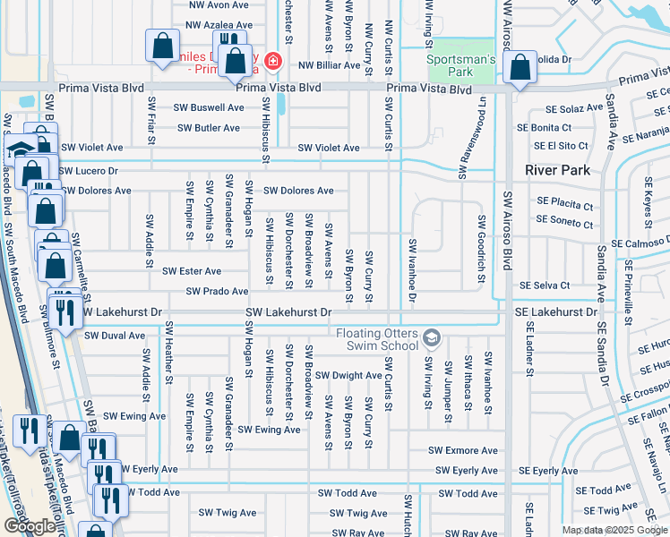 map of restaurants, bars, coffee shops, grocery stores, and more near 749 Southwest Avens Street in Port St. Lucie