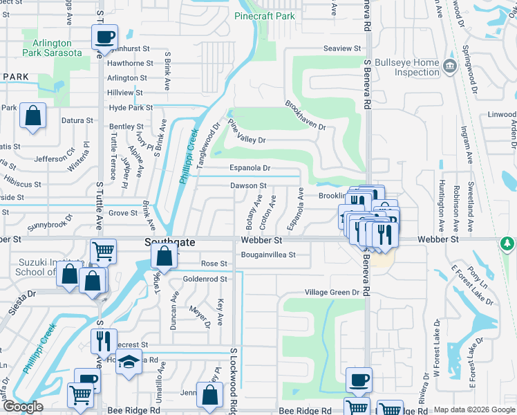 map of restaurants, bars, coffee shops, grocery stores, and more near 2518 Botany Avenue in Sarasota