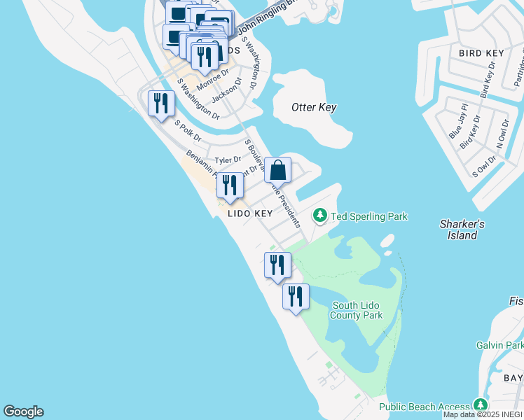 map of restaurants, bars, coffee shops, grocery stores, and more near 135 Cleveland Drive in Sarasota