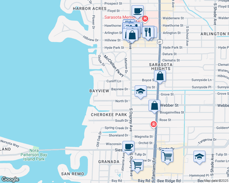 map of restaurants, bars, coffee shops, grocery stores, and more near 1717 Bayview Drive in Sarasota