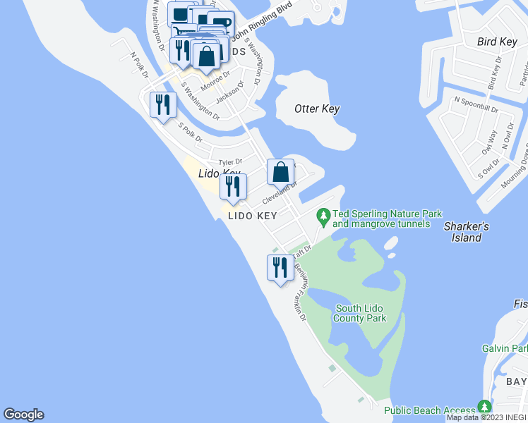map of restaurants, bars, coffee shops, grocery stores, and more near 135 Cleveland Drive in Sarasota