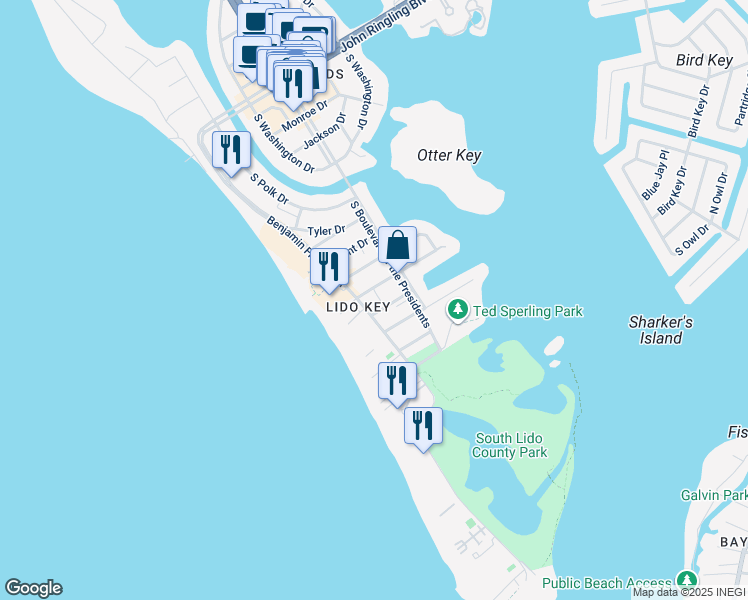 map of restaurants, bars, coffee shops, grocery stores, and more near 135 Cleveland Drive in Sarasota