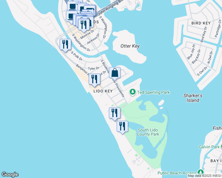 map of restaurants, bars, coffee shops, grocery stores, and more near 135 Cleveland Drive in Sarasota