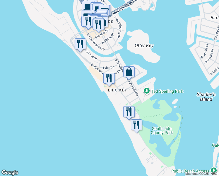 map of restaurants, bars, coffee shops, grocery stores, and more near 700 Benjamin Franklin Drive in Sarasota