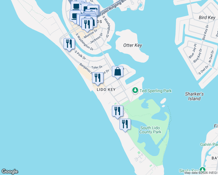 map of restaurants, bars, coffee shops, grocery stores, and more near in Sarasota