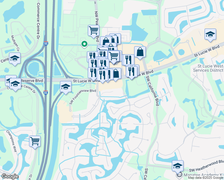 map of restaurants, bars, coffee shops, grocery stores, and more near 1730 Saint Lucie West Boulevard in Port St. Lucie