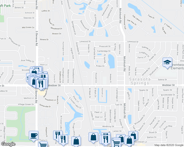 map of restaurants, bars, coffee shops, grocery stores, and more near 2700 Pursell Circle in Sarasota