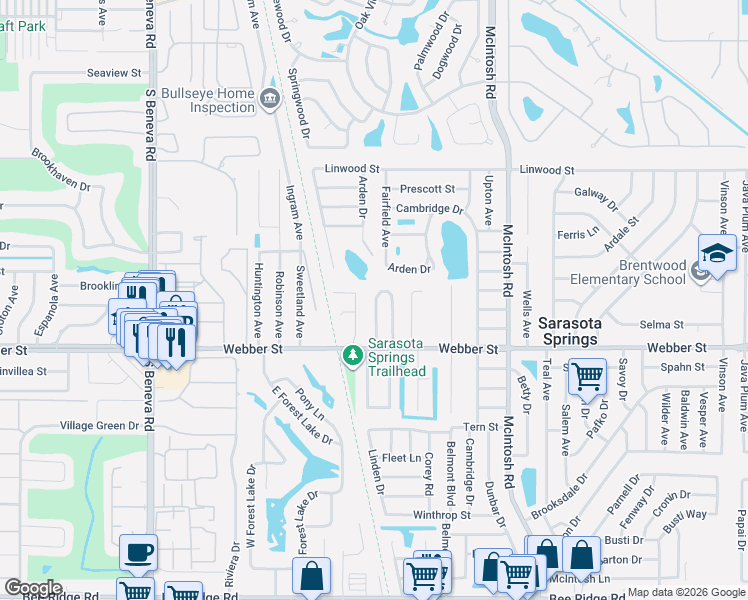 map of restaurants, bars, coffee shops, grocery stores, and more near 2609 Pursell Circle in Sarasota