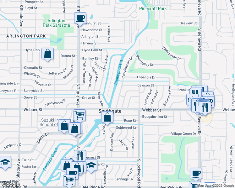 map of restaurants, bars, coffee shops, grocery stores, and more near 2504 Tanglewood Drive in Sarasota