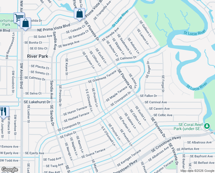 map of restaurants, bars, coffee shops, grocery stores, and more near 517 Southeast Ocean Spray Terrace in Port St. Lucie